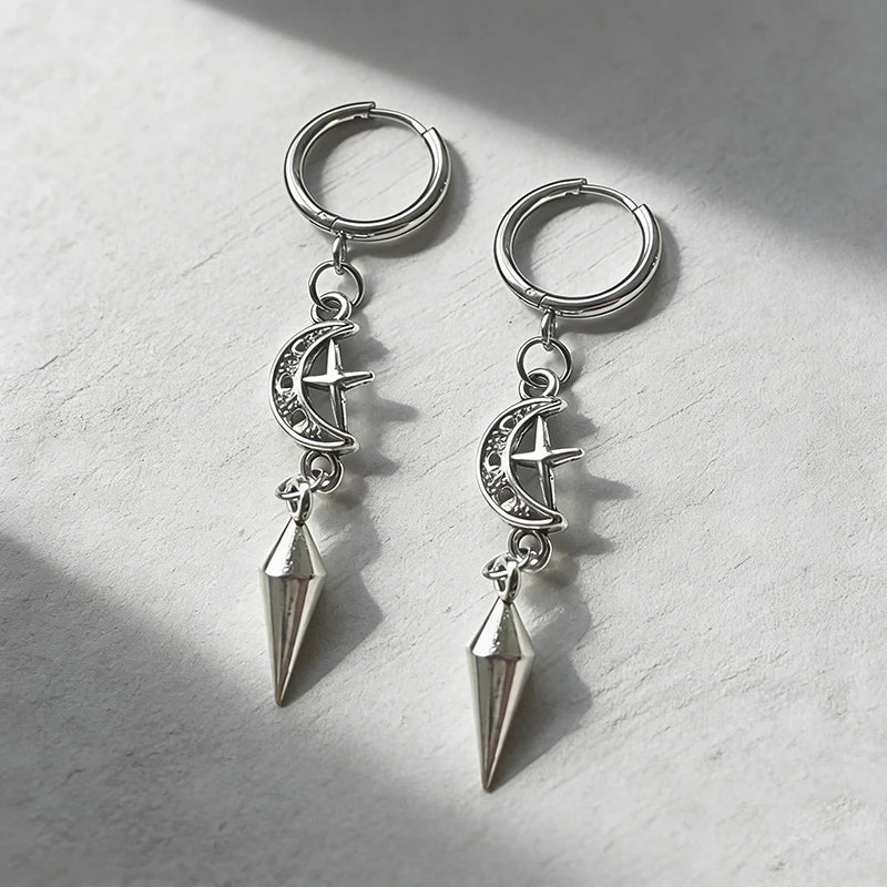 1 Pair of Punk Rock Stainless Steel Pointed Star and Moon Earrings, Suitable for Women to Wear Gothic Jewelry Accessories on a D - LeeHT