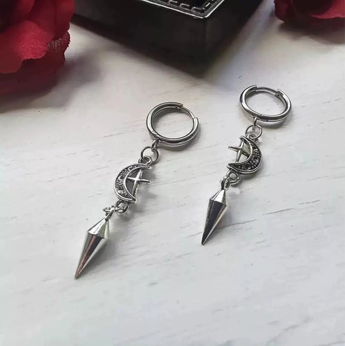 1 Pair of Punk Rock Stainless Steel Pointed Star and Moon Earrings, Suitable for Women to Wear Gothic Jewelry Accessories on a D - LeeHT