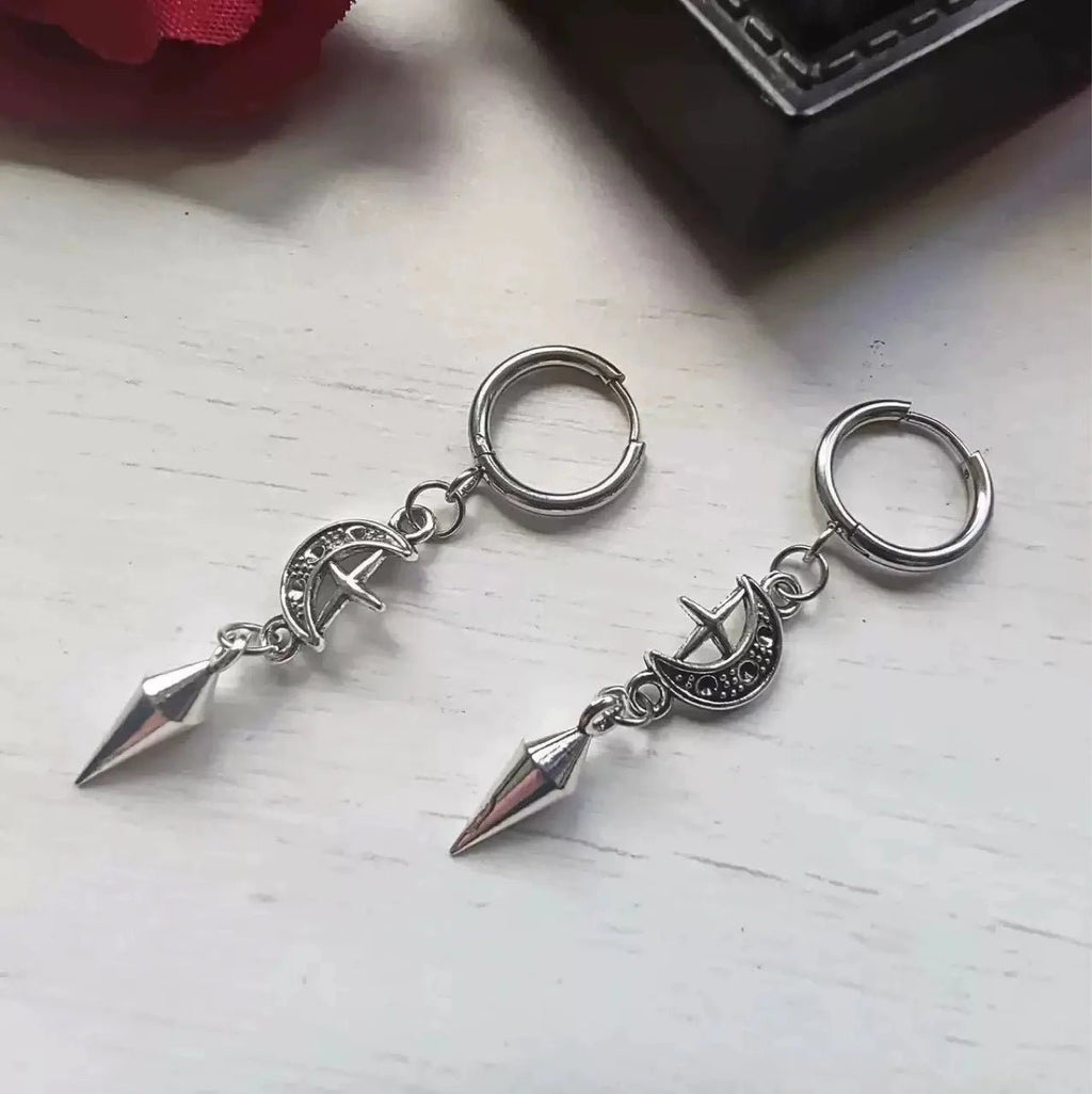 1 Pair of Punk Rock Stainless Steel Pointed Star and Moon Earrings, Suitable for Women to Wear Gothic Jewelry Accessories on a D - LeeHT
