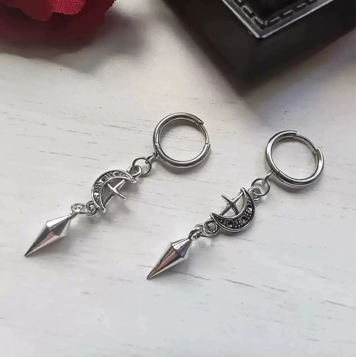 1 Pair of Punk Rock Stainless Steel Pointed Star and Moon Earrings, Suitable for Women to Wear Gothic Jewelry Accessories on a D - LeeHT