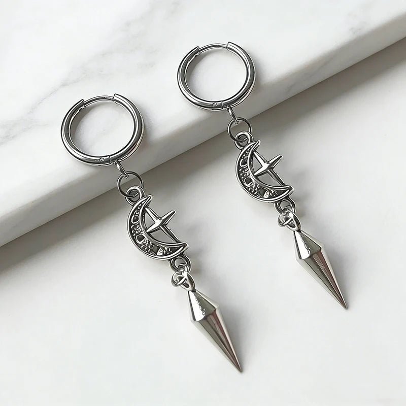 1 Pair of Punk Rock Stainless Steel Pointed Star and Moon Earrings, Suitable for Women to Wear Gothic Jewelry Accessories on a D - LeeHT