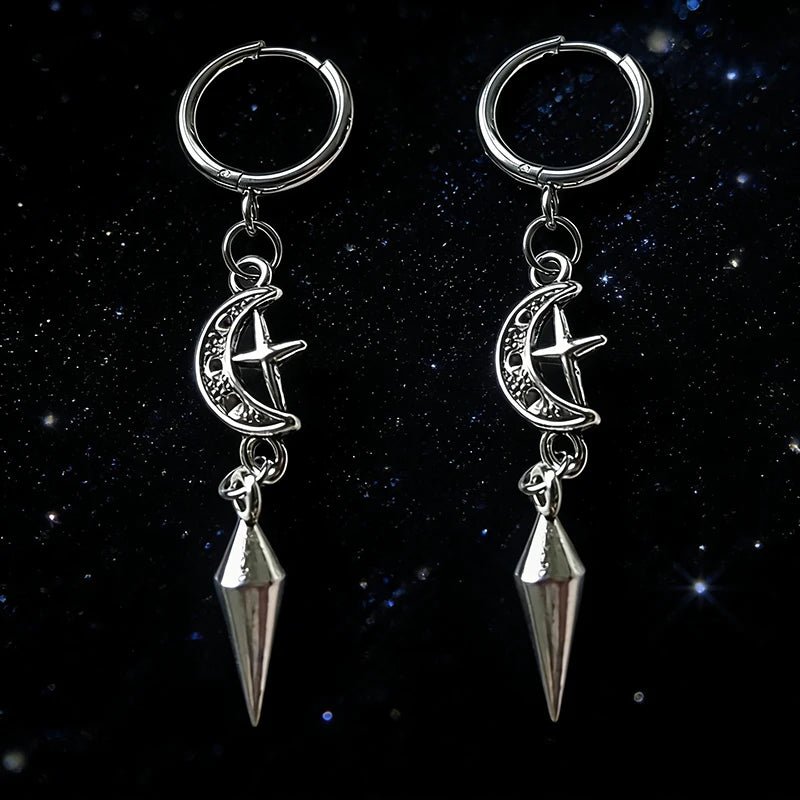 1 Pair of Punk Rock Stainless Steel Pointed Star and Moon Earrings, Suitable for Women to Wear Gothic Jewelry Accessories on a D - LeeHT