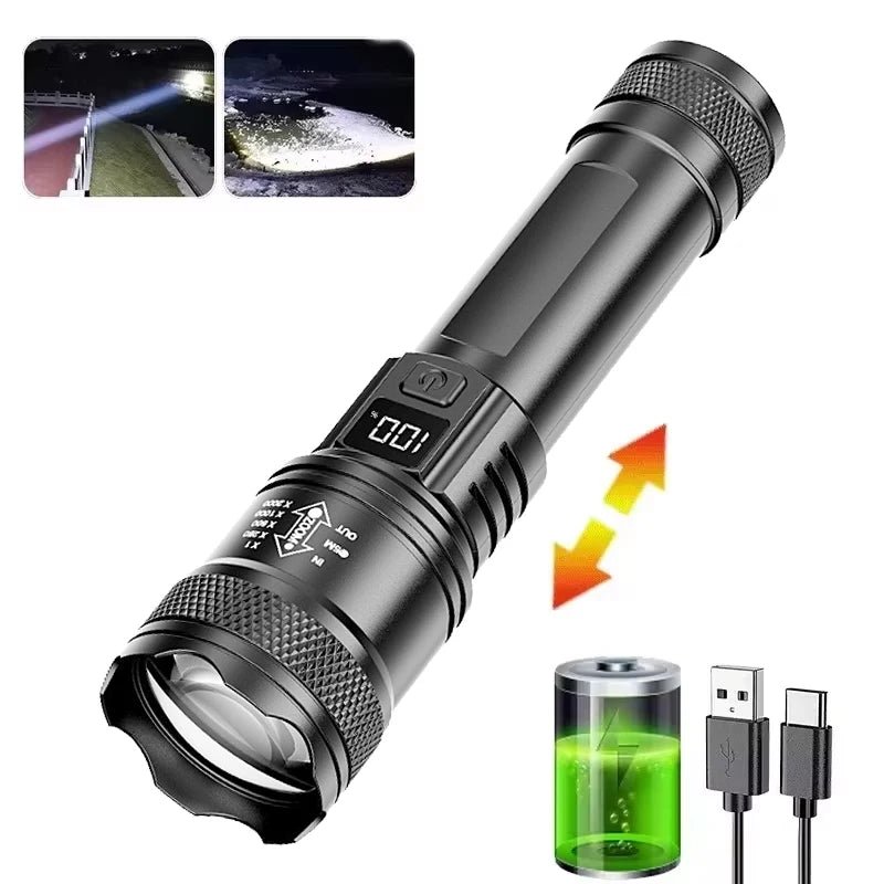 100000LM Super Bright Flashlight Rechargeable LED Torch Long Range Tactical Lamp for Outdoor Waterproof Camping Fishing Lantern - LeeHT