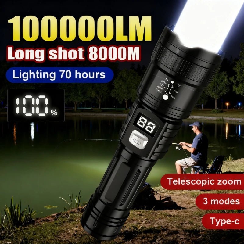 100000LM Super Bright Flashlight Rechargeable LED Torch Long Range Tactical Lamp for Outdoor Waterproof Camping Fishing Lantern - LeeHT