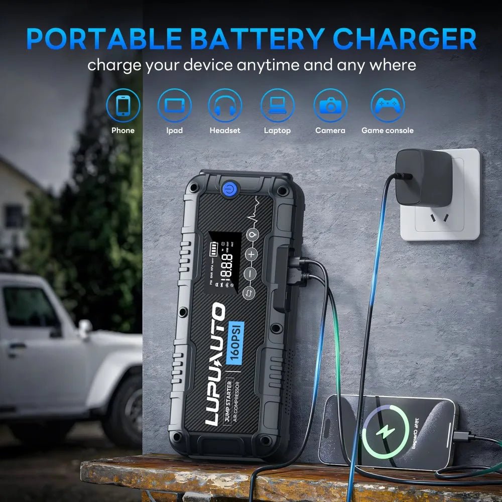 4-in-1 Portable 4000A Car Battery Charger Power Bank Tire Inflator with LED Light 160PSI Air Compressor Battery Booster - LeeHT