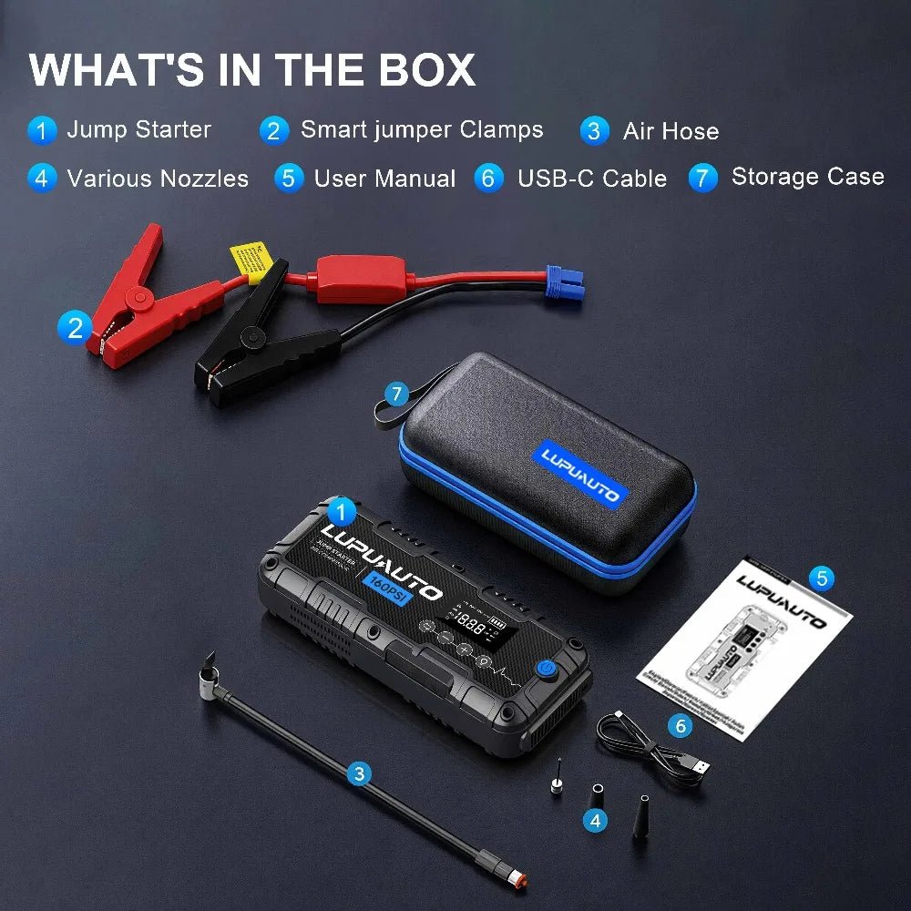 4-in-1 Portable 4000A Car Battery Charger Power Bank Tire Inflator with LED Light 160PSI Air Compressor Battery Booster - LeeHT