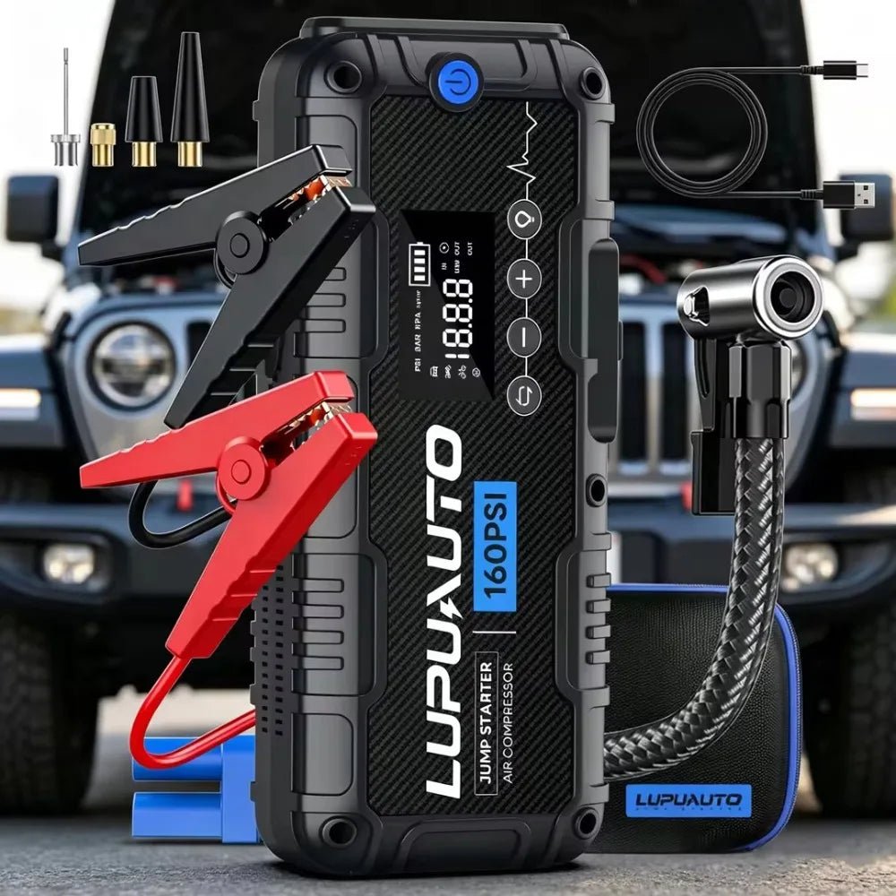 4-in-1 Portable 4000A Car Battery Charger Power Bank Tire Inflator with LED Light 160PSI Air Compressor Battery Booster - LeeHT