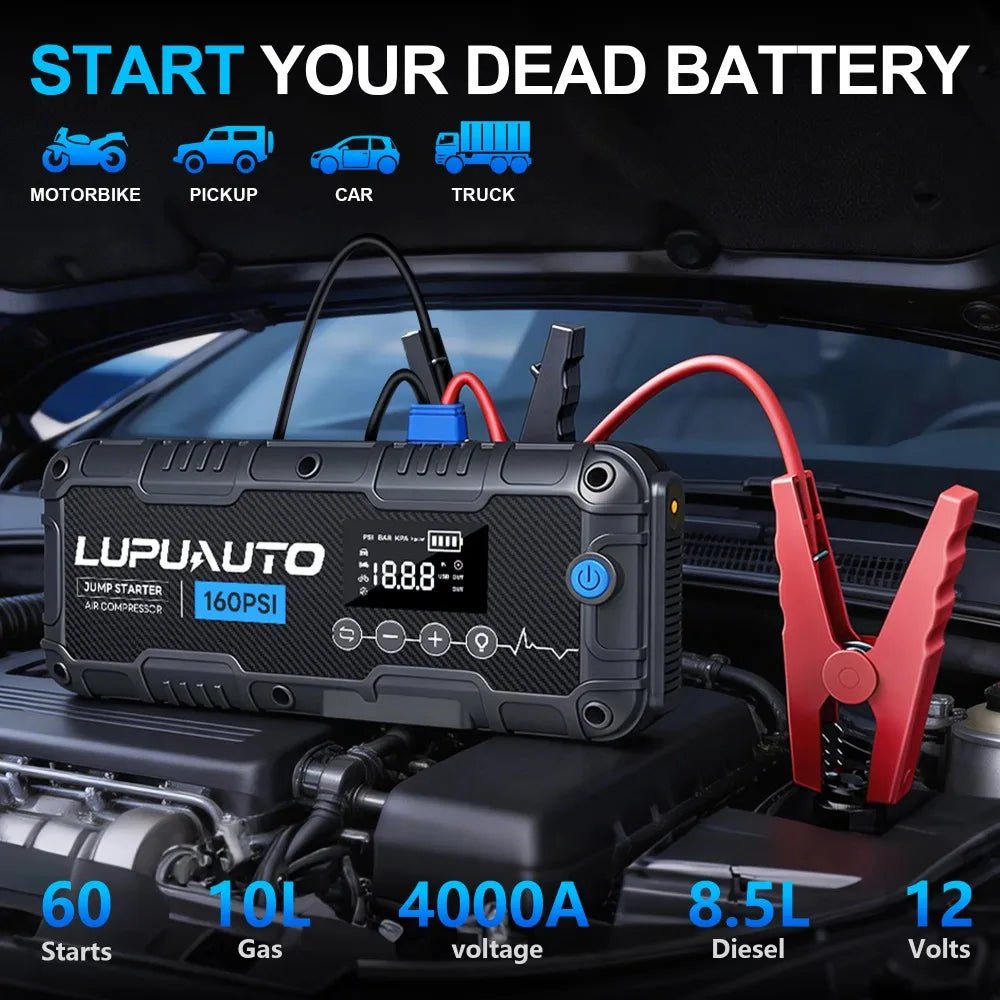 4-in-1 Portable 4000A Car Battery Charger Power Bank Tire Inflator with LED Light 160PSI Air Compressor Battery Booster - LeeHT
