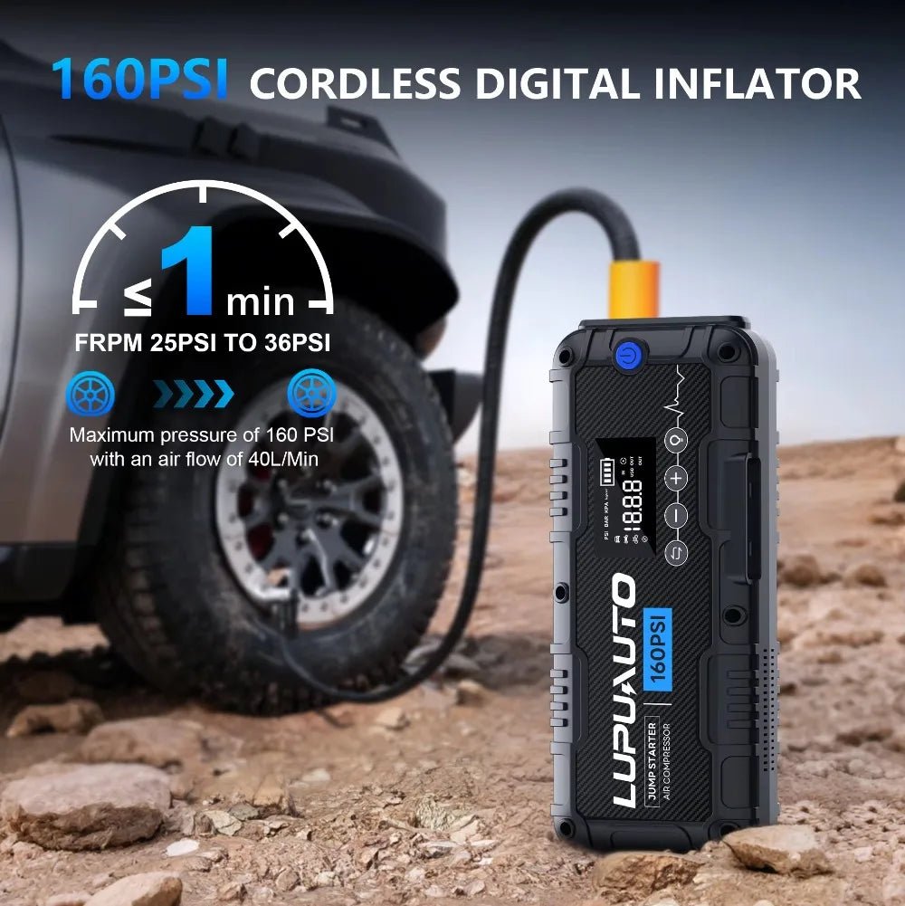 4-in-1 Portable 4000A Car Battery Charger Power Bank Tire Inflator with LED Light 160PSI Air Compressor Battery Booster - LeeHT