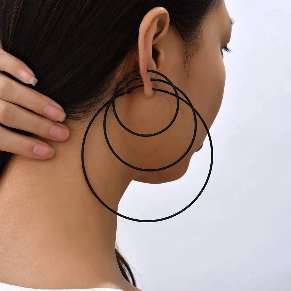 5 Sizes Stainless Steel Black Round Circle Hoop Earrings for Women Punk Exaggerated Smooth Statement Earring Gothic Jewelry Gift - LeeHT