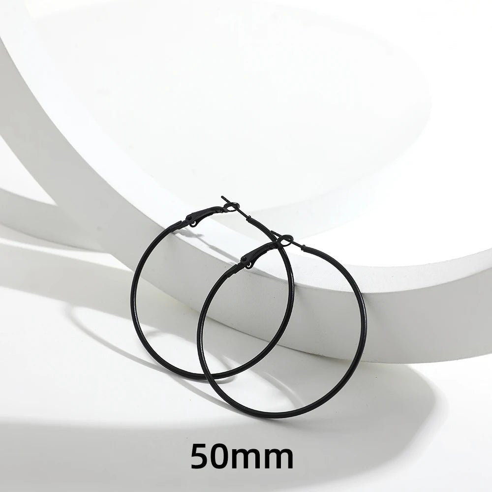 5 Sizes Stainless Steel Black Round Circle Hoop Earrings for Women Punk Exaggerated Smooth Statement Earring Gothic Jewelry Gift - LeeHT