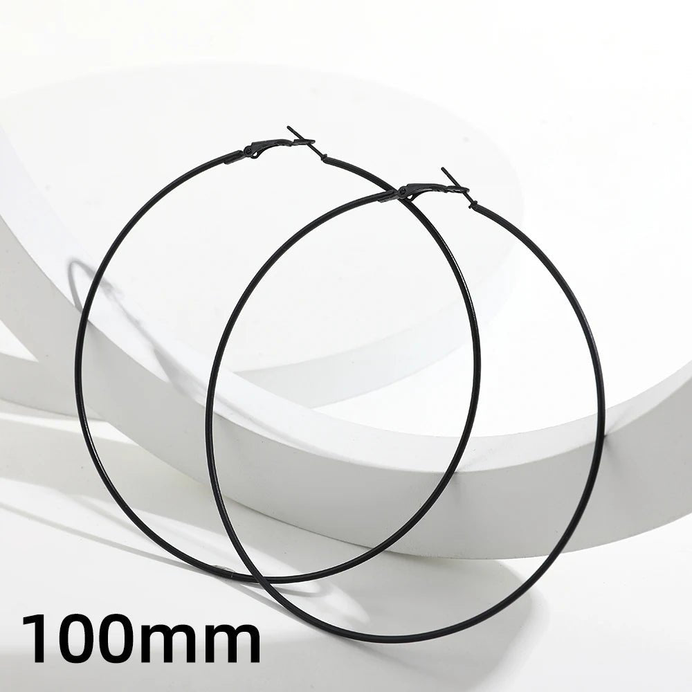 5 Sizes Stainless Steel Black Round Circle Hoop Earrings for Women Punk Exaggerated Smooth Statement Earring Gothic Jewelry Gift - LeeHT