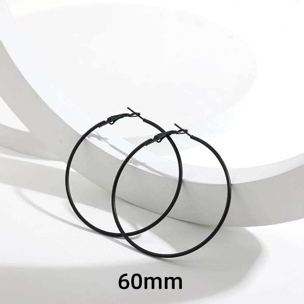 5 Sizes Stainless Steel Black Round Circle Hoop Earrings for Women Punk Exaggerated Smooth Statement Earring Gothic Jewelry Gift - LeeHT