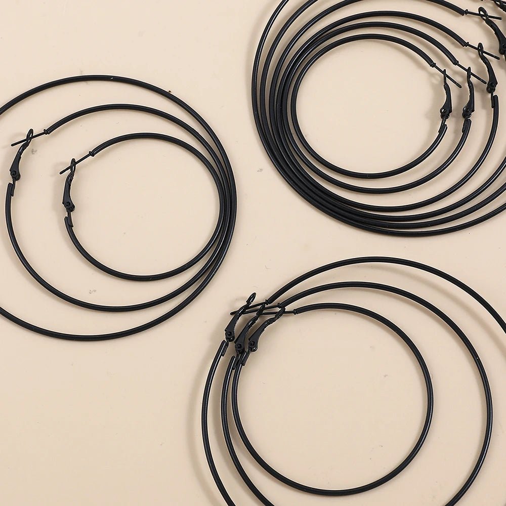 5 Sizes Stainless Steel Black Round Circle Hoop Earrings for Women Punk Exaggerated Smooth Statement Earring Gothic Jewelry Gift - LeeHT