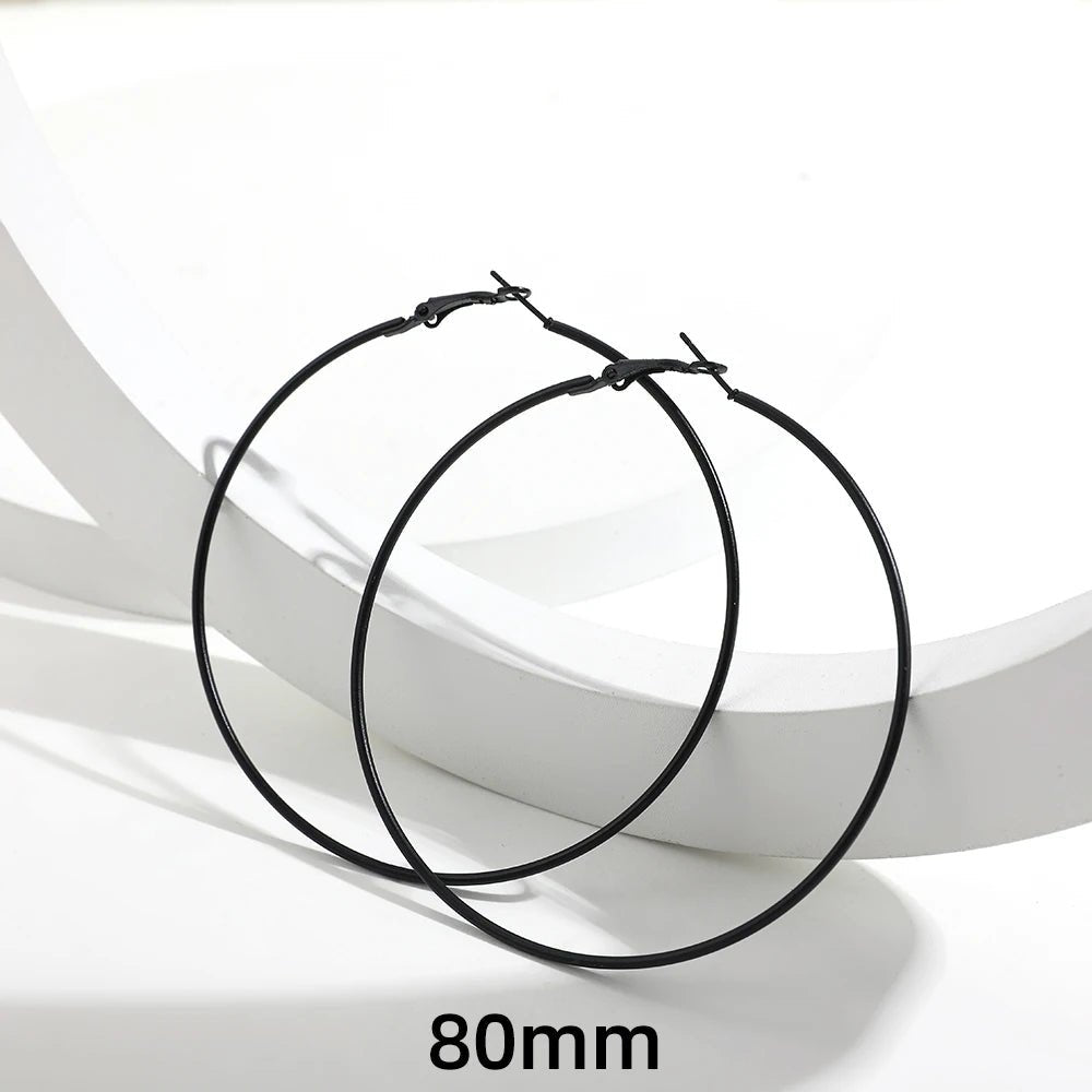 5 Sizes Stainless Steel Black Round Circle Hoop Earrings for Women Punk Exaggerated Smooth Statement Earring Gothic Jewelry Gift - LeeHT