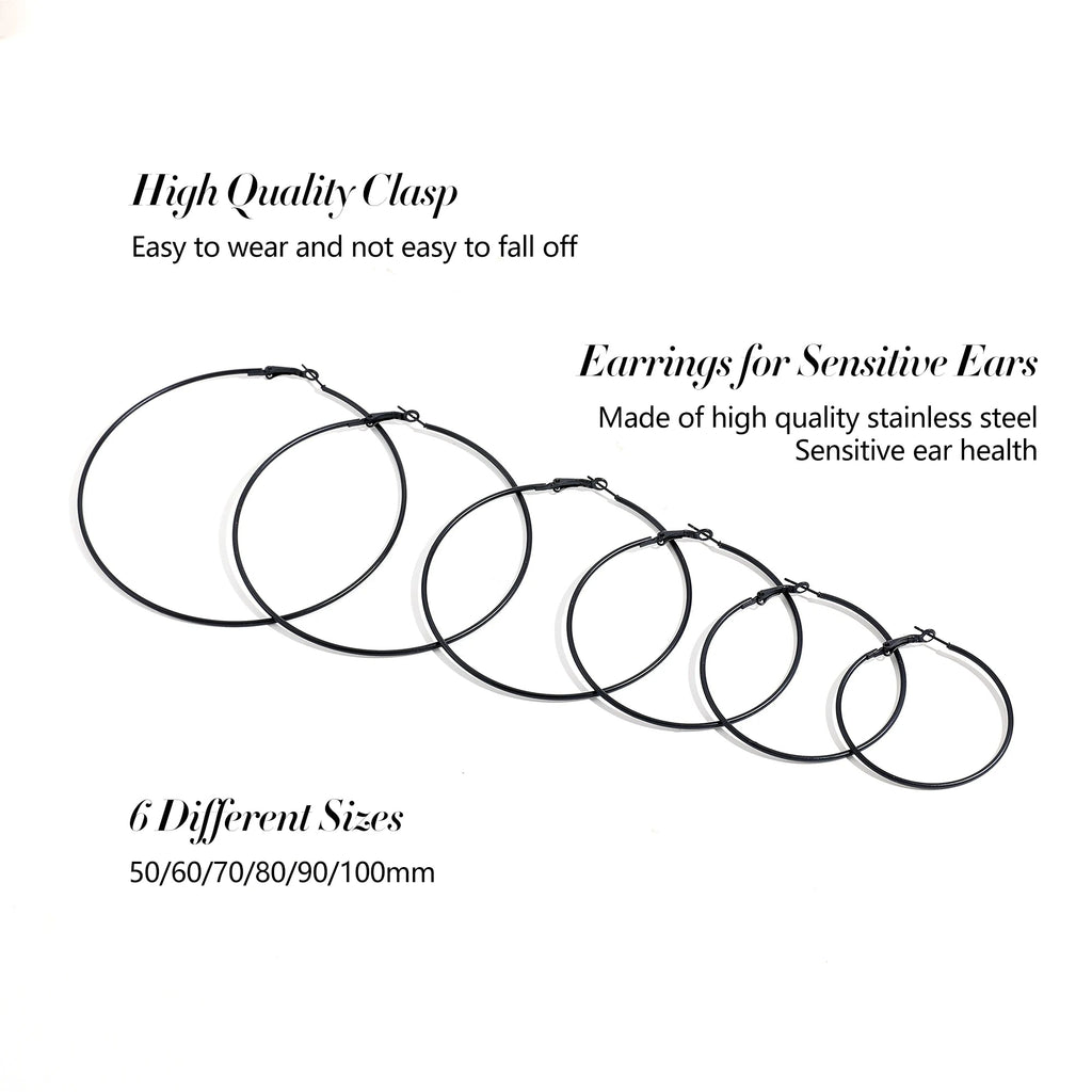 5 Sizes Stainless Steel Black Round Circle Hoop Earrings for Women Punk Exaggerated Smooth Statement Earring Gothic Jewelry Gift - LeeHT
