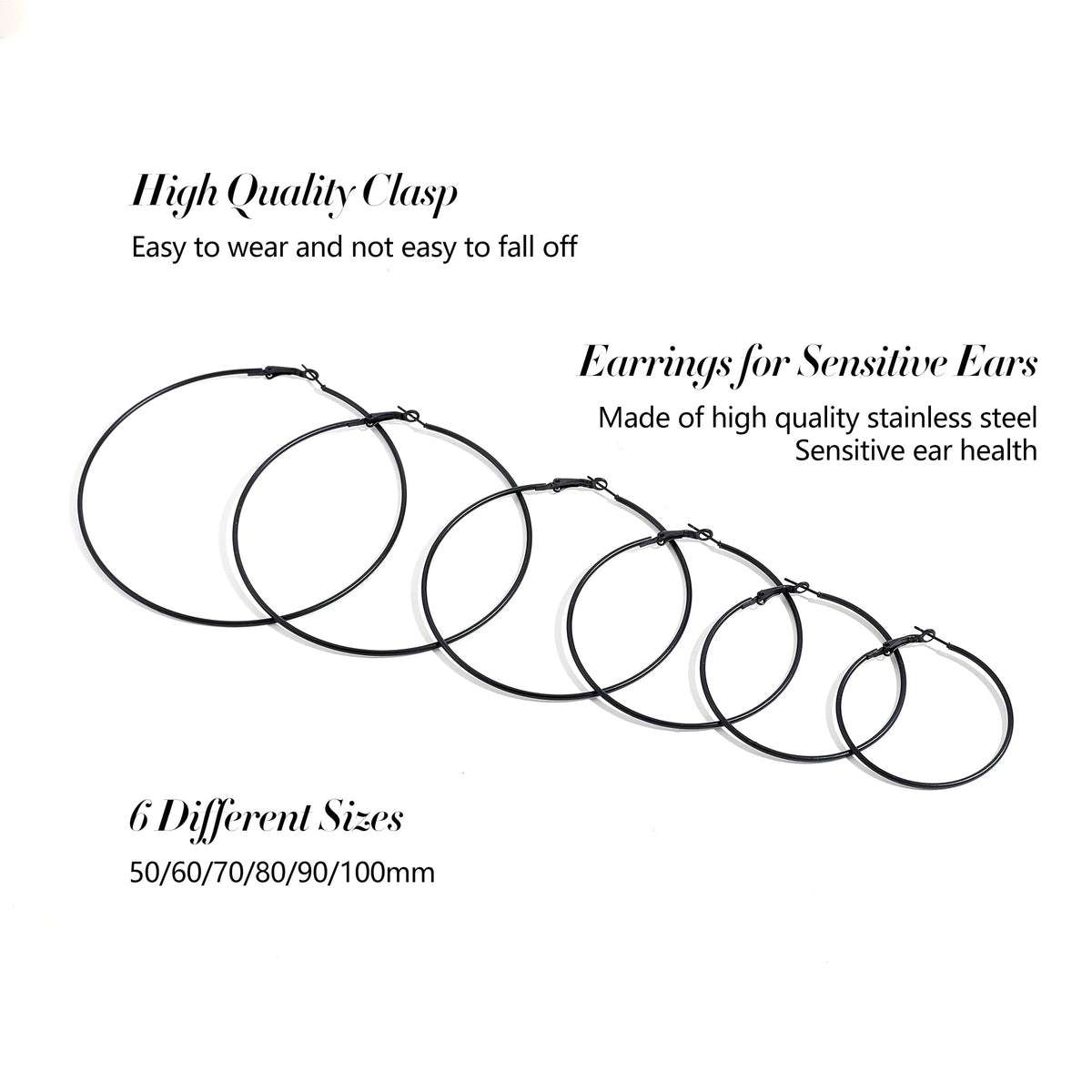 5 Sizes Stainless Steel Black Round Circle Hoop Earrings for Women Punk Exaggerated Smooth Statement Earring Gothic Jewelry Gift - LeeHT