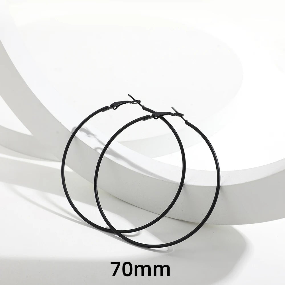 5 Sizes Stainless Steel Black Round Circle Hoop Earrings for Women Punk Exaggerated Smooth Statement Earring Gothic Jewelry Gift - LeeHT
