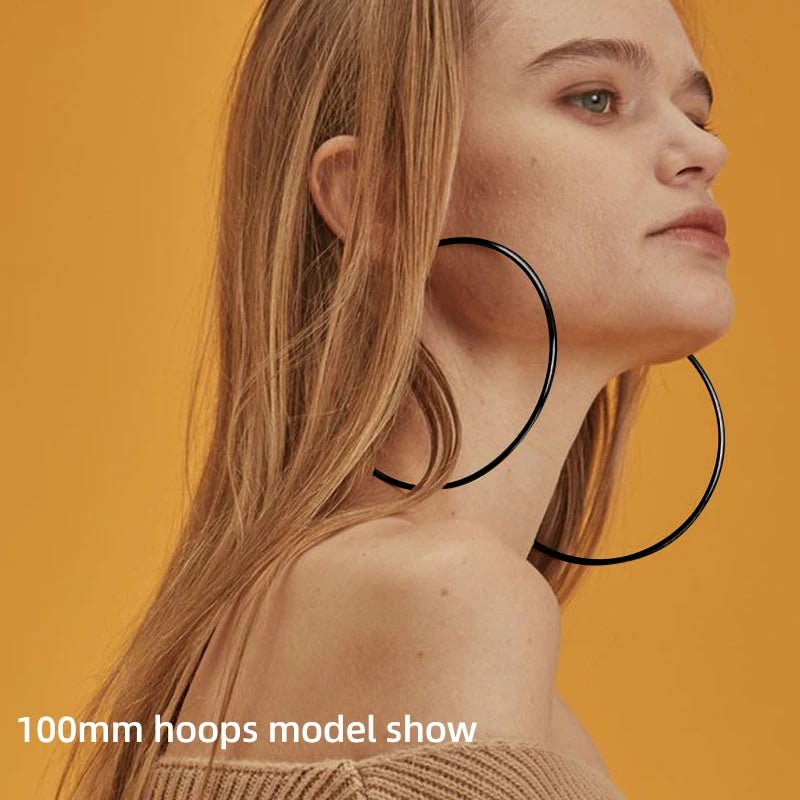5 Sizes Stainless Steel Black Round Circle Hoop Earrings for Women Punk Exaggerated Smooth Statement Earring Gothic Jewelry Gift - LeeHT