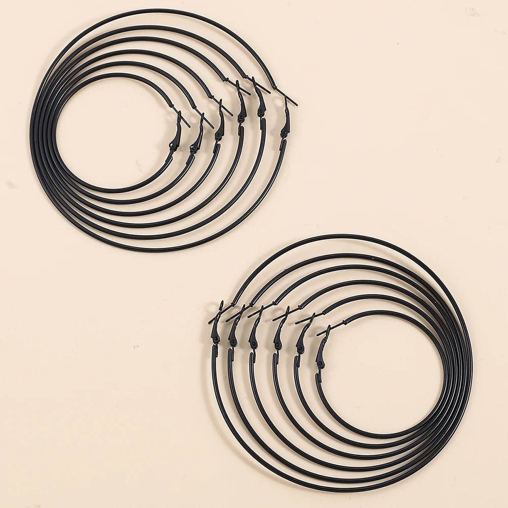 5 Sizes Stainless Steel Black Round Circle Hoop Earrings for Women Punk Exaggerated Smooth Statement Earring Gothic Jewelry Gift - LeeHT