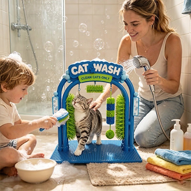 Cat Shampoo Massage Brush Arch – Self Grooming Bathing Scratcher Station with Soft Bristles, Cat Bath Spa Toy - LeeHT
