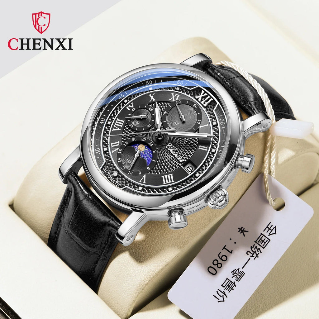 Chenxi 976 Leather Chronograph Date Men's Phase Of The Moon Timing Business Luminous Quartz Watch Relojes Para Hombres - LeeHT