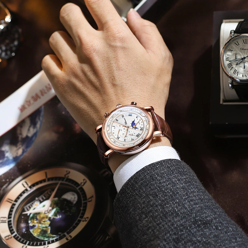 Chenxi 976 Leather Chronograph Date Men's Phase Of The Moon Timing Business Luminous Quartz Watch Relojes Para Hombres - LeeHT