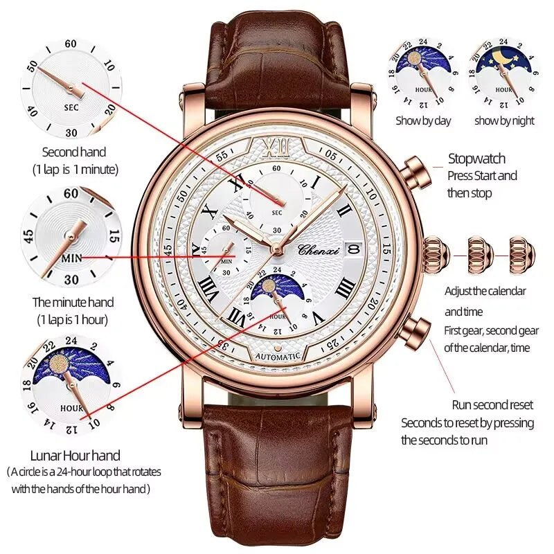 Chenxi 976 Leather Chronograph Date Men's Phase Of The Moon Timing Business Luminous Quartz Watch Relojes Para Hombres - LeeHT