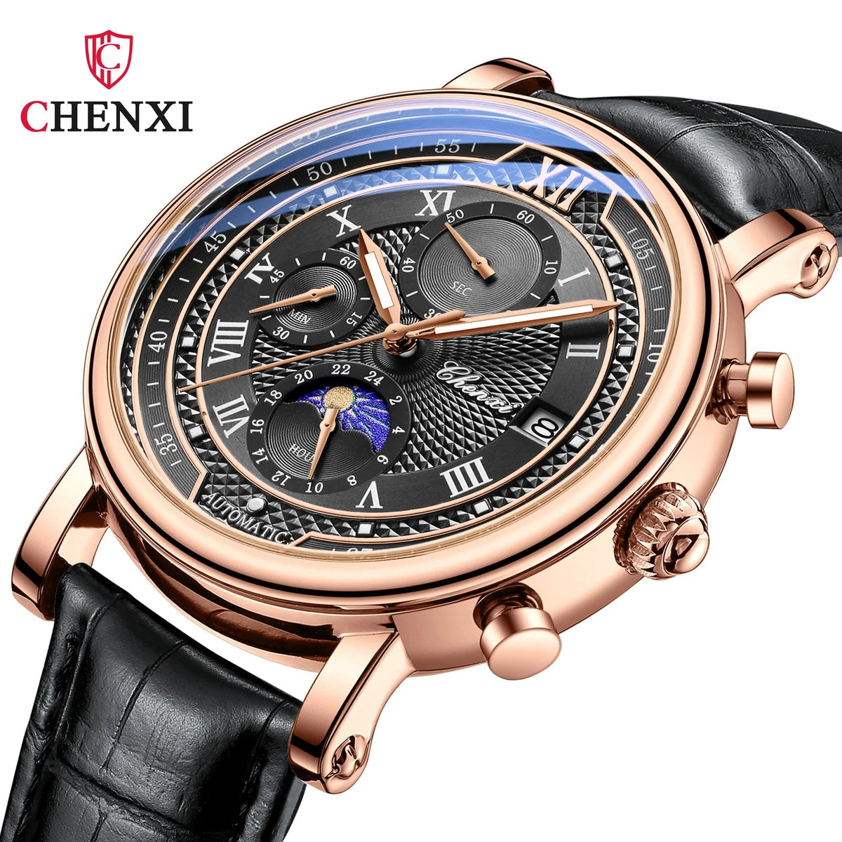 Chenxi 976 Leather Chronograph Date Men's Phase Of The Moon Timing Business Luminous Quartz Watch Relojes Para Hombres - LeeHT
