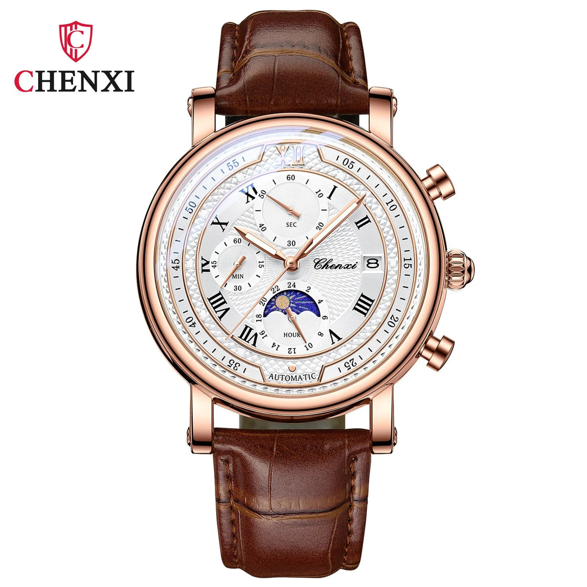 Chenxi 976 Leather Chronograph Date Men's Phase Of The Moon Timing Business Luminous Quartz Watch Relojes Para Hombres - LeeHT
