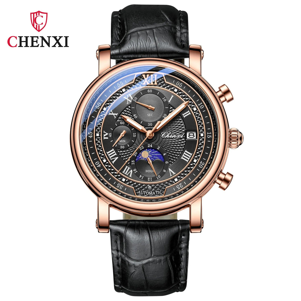 Chenxi 976 Leather Chronograph Date Men's Phase Of The Moon Timing Business Luminous Quartz Watch Relojes Para Hombres - LeeHT