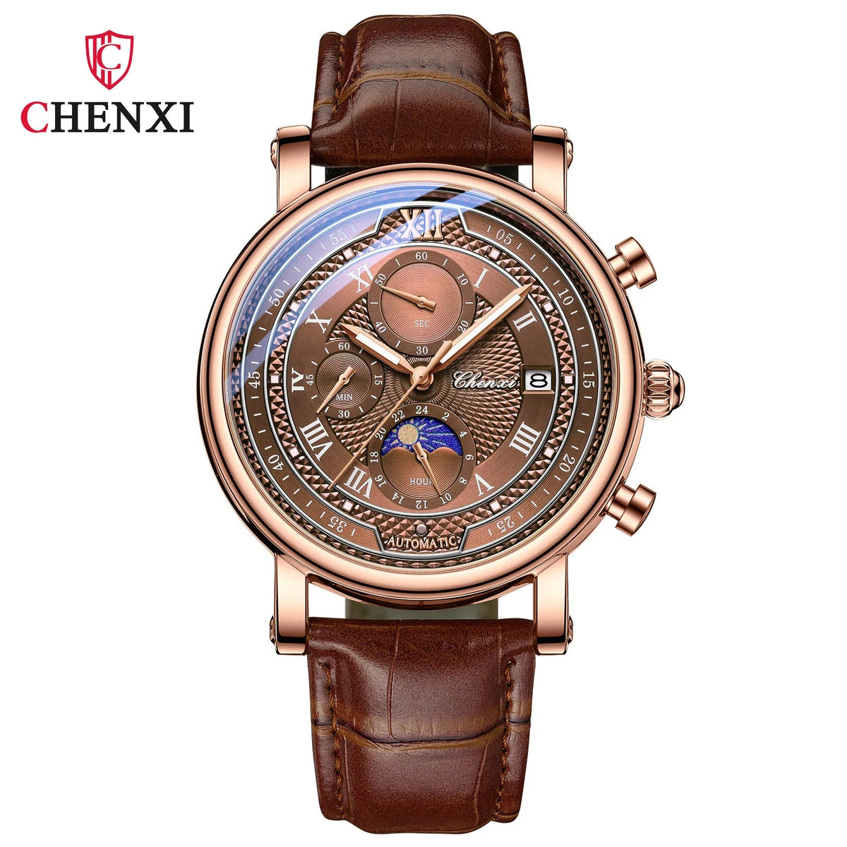 Chenxi 976 Leather Chronograph Date Men's Phase Of The Moon Timing Business Luminous Quartz Watch Relojes Para Hombres - LeeHT