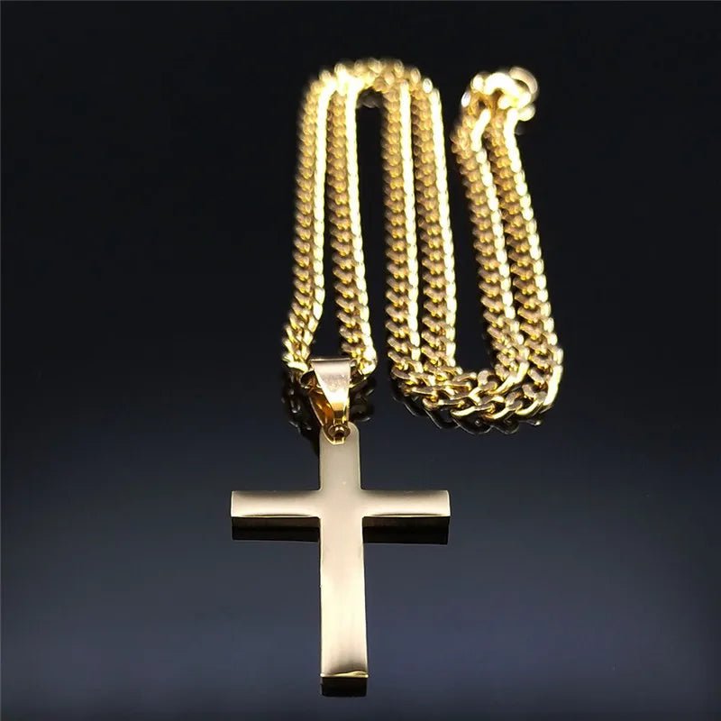 Christian Hip Hop Stainless Steel Jesus Cross Chain Necklace for Women Men Gold Color Statement Necklace Jewelry Collier Croix - LeeHT
