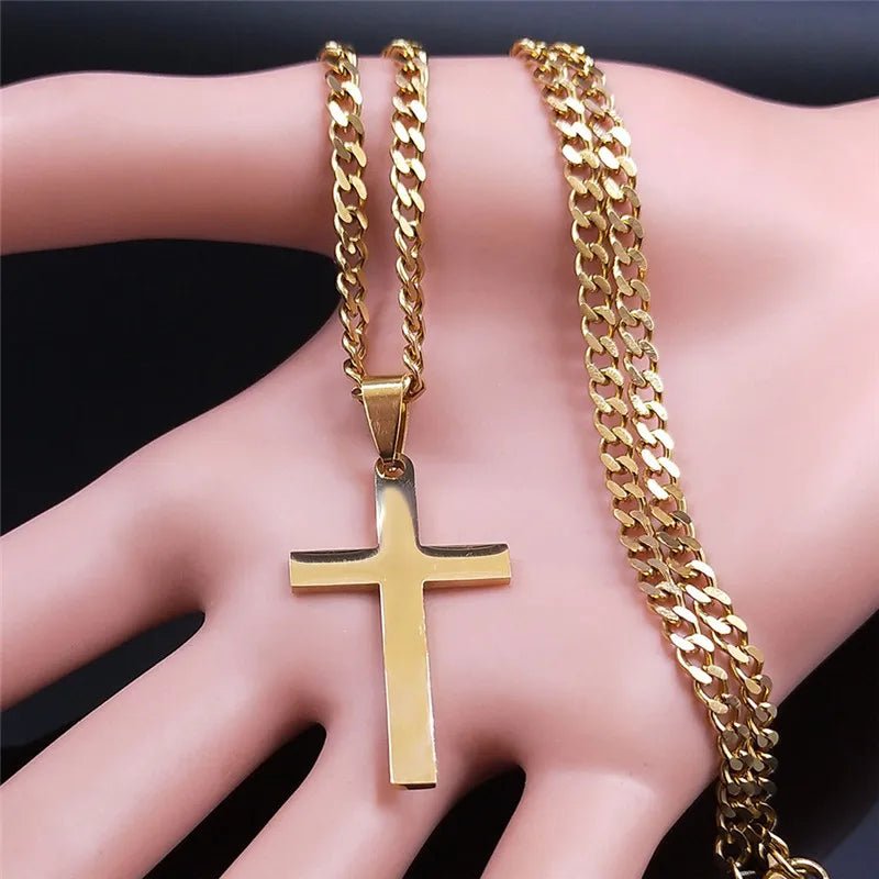 Christian Hip Hop Stainless Steel Jesus Cross Chain Necklace for Women Men Gold Color Statement Necklace Jewelry Collier Croix - LeeHT