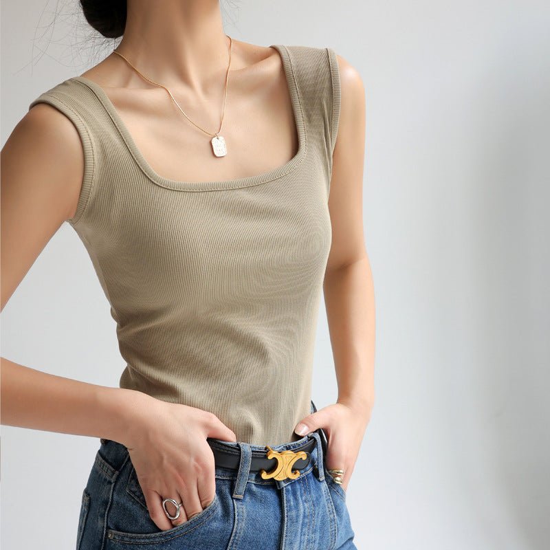 Douyin's Popular Bottoming with Square Collar Vest for Women, Sleeveless Waistcoat, Spring, Autumn and Summer Outer Wear, Suspbottomer Slim Top - LeeHT