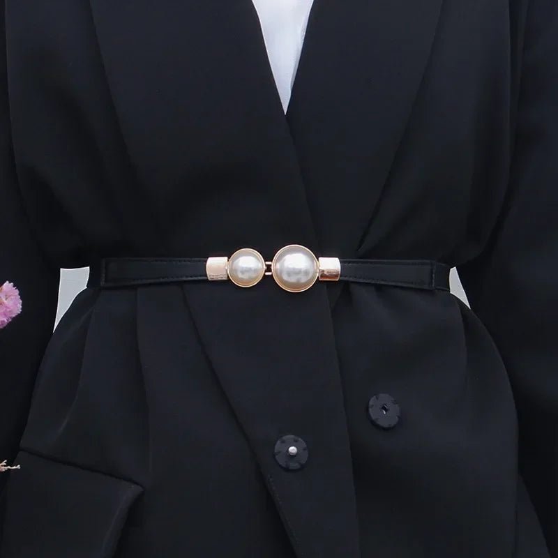 Elegant Vintage Pearl Waist Chain Belts Women's Korean Style Sweater Jacket Hooks Elastic Slim Fit Leather Belt - LeeHT