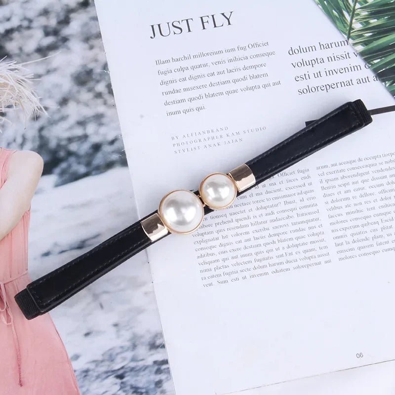 Elegant Vintage Pearl Waist Chain Belts Women's Korean Style Sweater Jacket Hooks Elastic Slim Fit Leather Belt - LeeHT