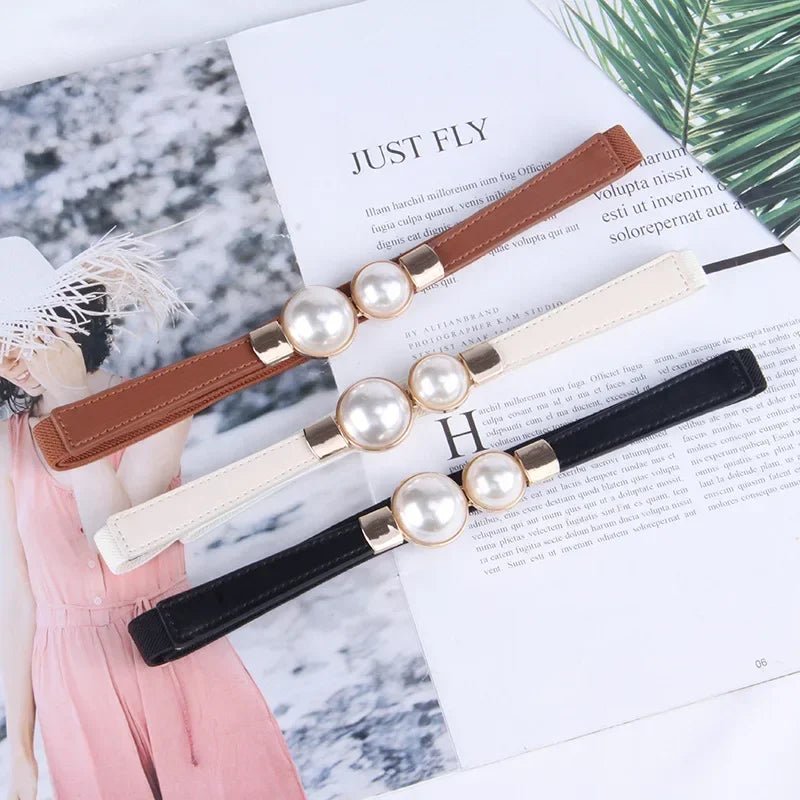 Elegant Vintage Pearl Waist Chain Belts Women's Korean Style Sweater Jacket Hooks Elastic Slim Fit Leather Belt - LeeHT