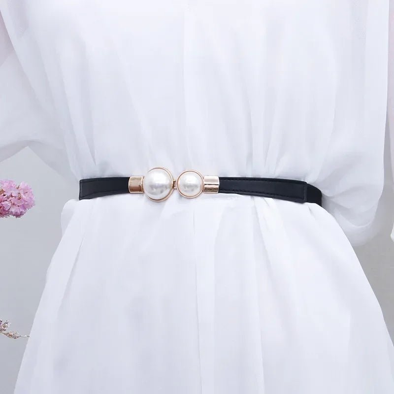 Elegant Vintage Pearl Waist Chain Belts Women's Korean Style Sweater Jacket Hooks Elastic Slim Fit Leather Belt - LeeHT