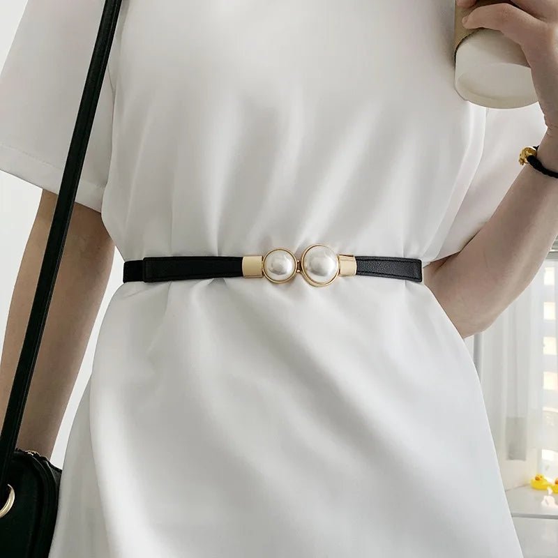 Elegant Vintage Pearl Waist Chain Belts Women's Korean Style Sweater Jacket Hooks Elastic Slim Fit Leather Belt - LeeHT
