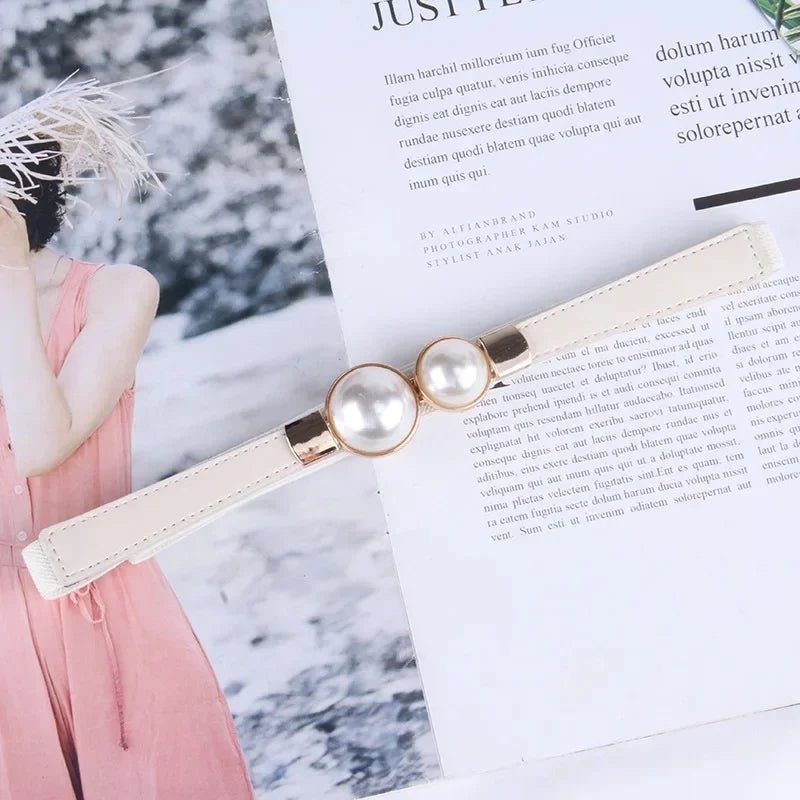 Elegant Vintage Pearl Waist Chain Belts Women's Korean Style Sweater Jacket Hooks Elastic Slim Fit Leather Belt - LeeHT