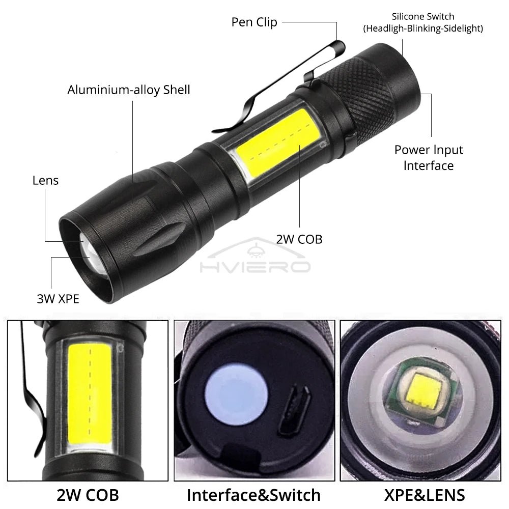 Flashlight Battery Charge Mini Led 5W Focus Adjustable Side Lamp Convenient Waterproof T6 Light Ultra Bright For Camping Hiking - LeeHT