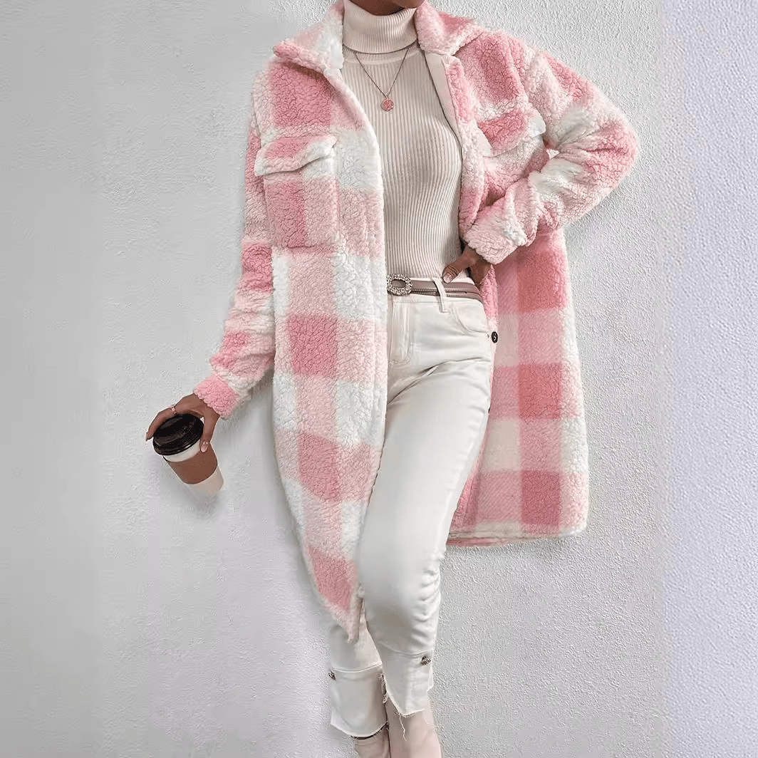 Fleece Plaid Long Coat - LeeHT
