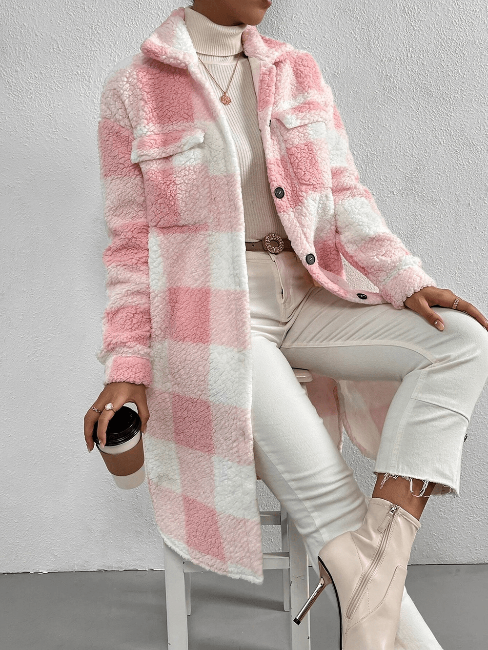 Fleece Plaid Long Coat - LeeHT
