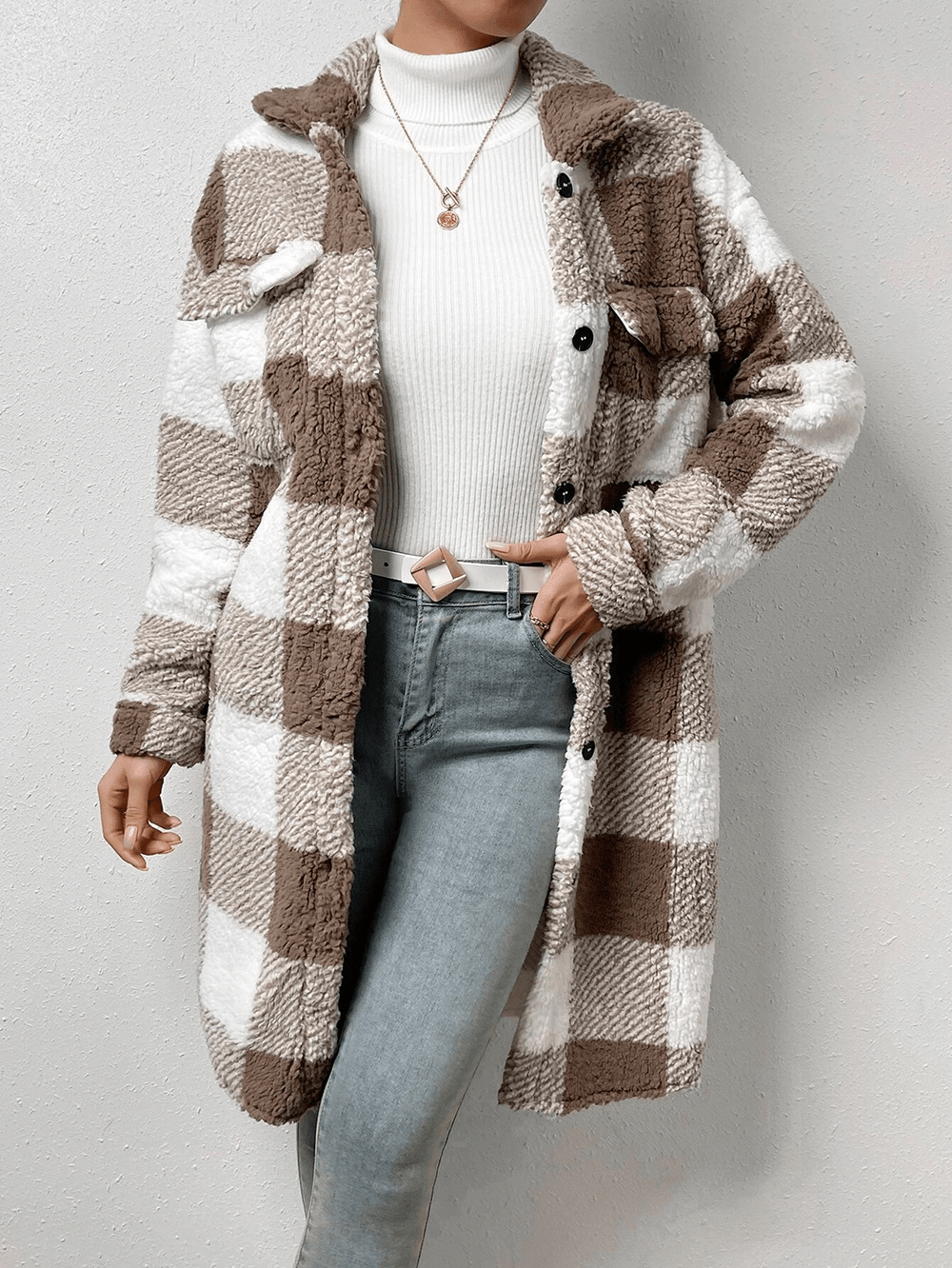 Fleece Plaid Long Coat - LeeHT