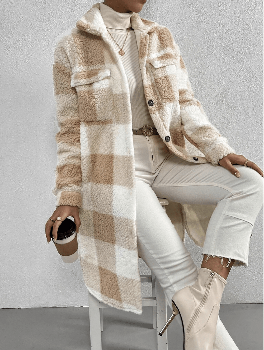 Fleece Plaid Long Coat - LeeHT