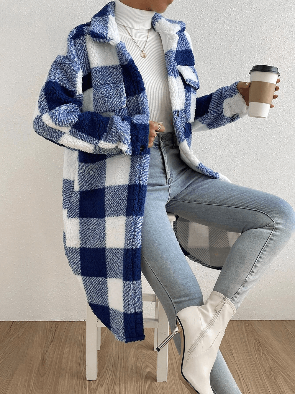 Fleece Plaid Long Coat - LeeHT