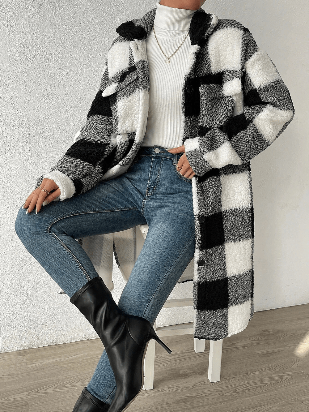 Fleece Plaid Long Coat - LeeHT