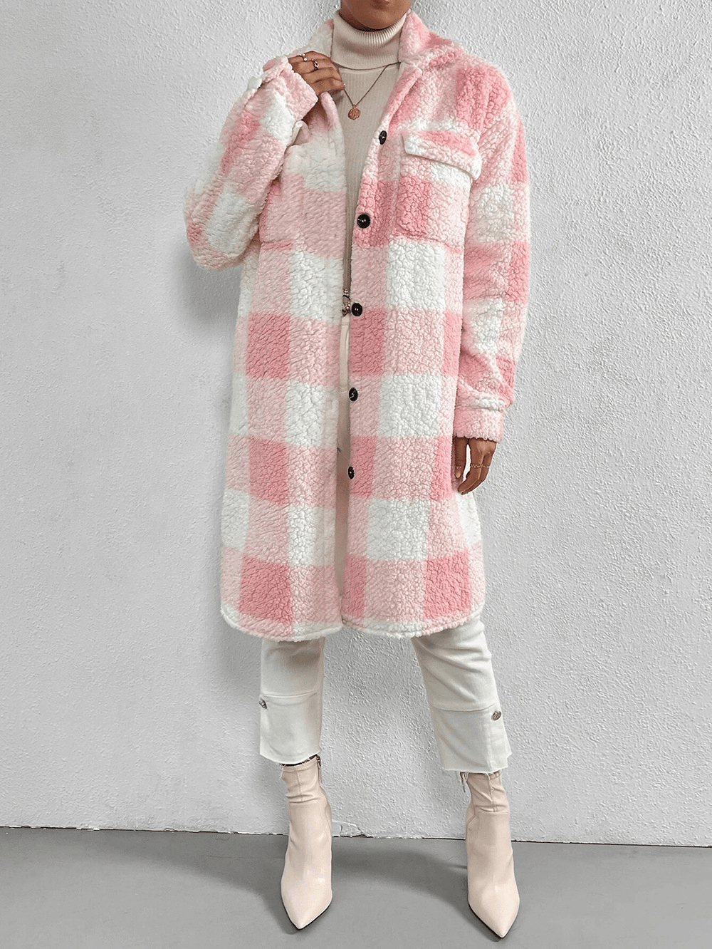 Fleece Plaid Long Coat - LeeHT