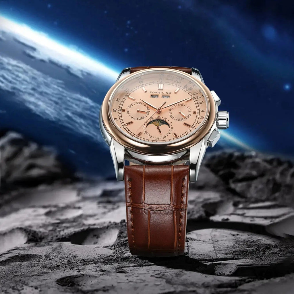 Forsining Retro Mechancial Watches Moon Phase Brown Leather Strap Rose Gold Case Luxury Brand Business Automatic Mens Watches - LeeHT